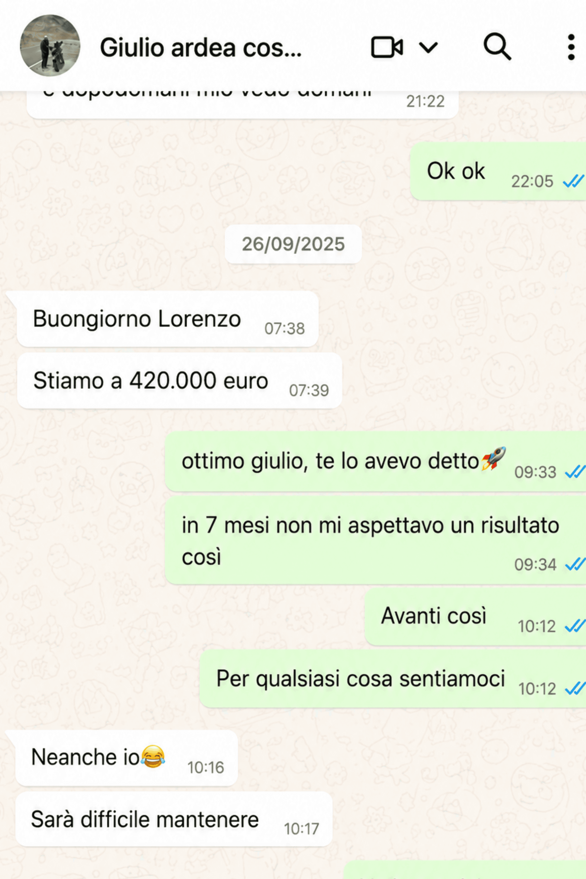 Screenshot WhatsApp: un partner riporta 420.000€ raggiunti in 7 mesi di collaborazione.