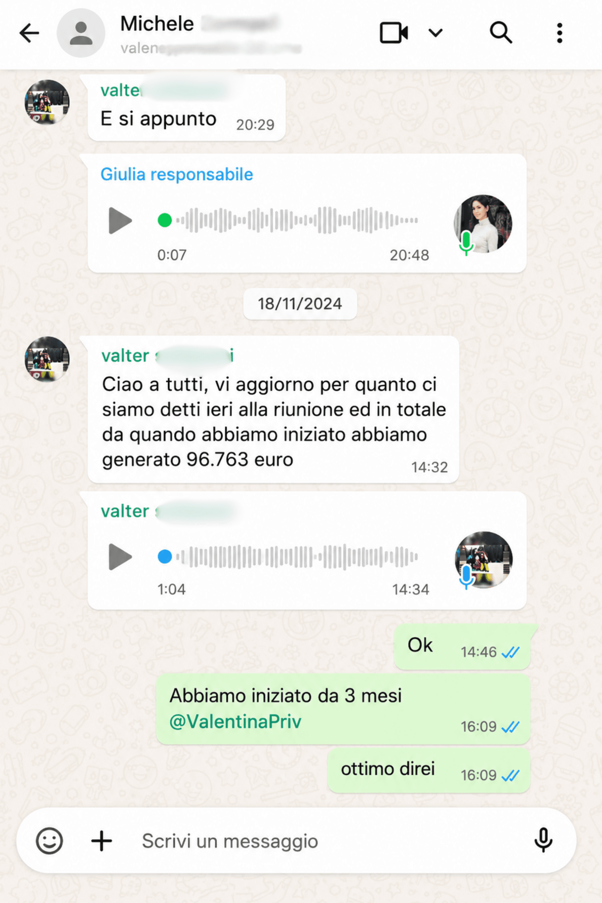Screenshot WhatsApp: un partner riporta 96.763€ generati nei primi 3 mesi di collaborazione.