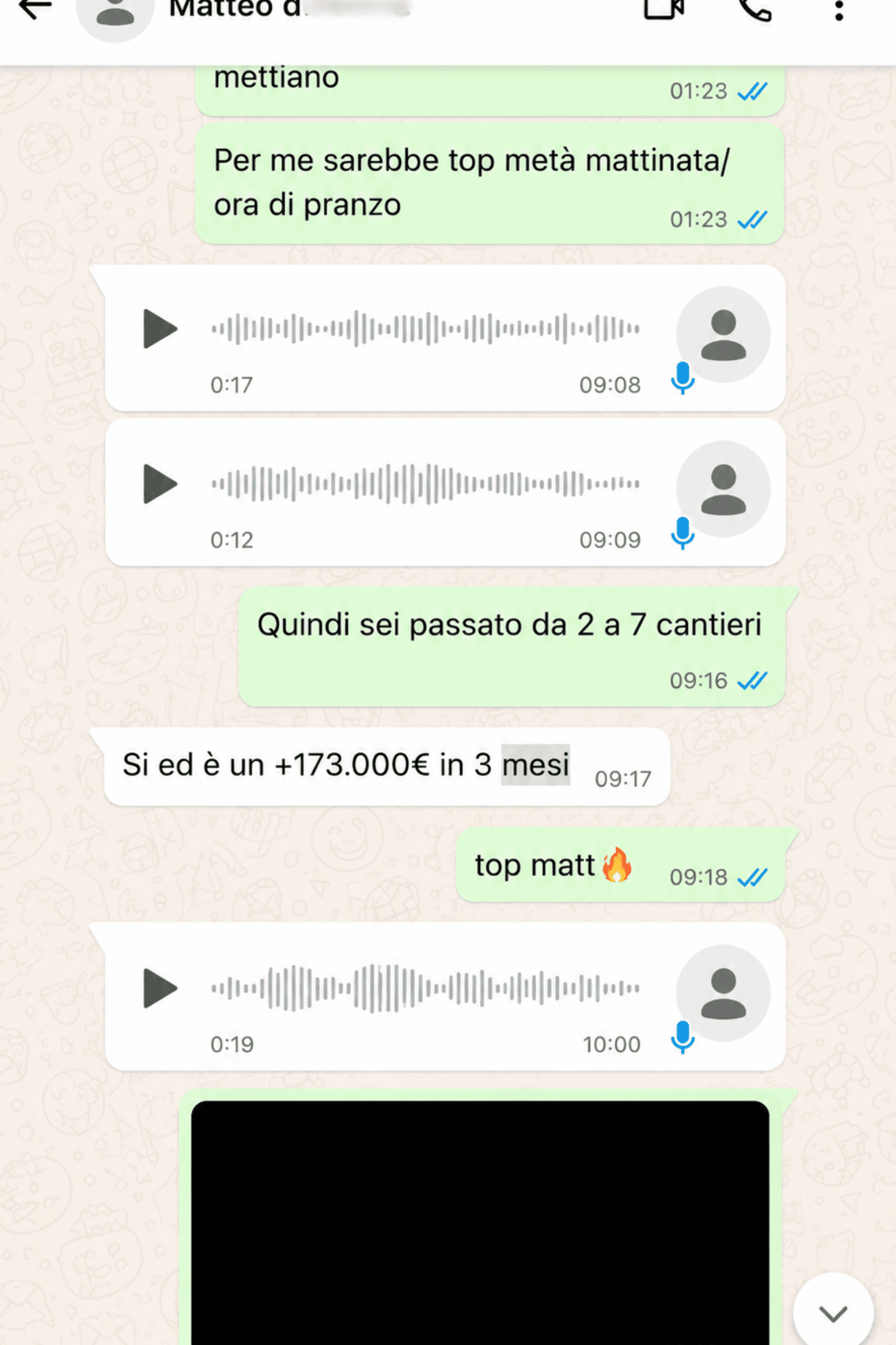 Screenshot WhatsApp: un partner racconta di essere passato da 2 a 7 cantieri in 3 mesi.