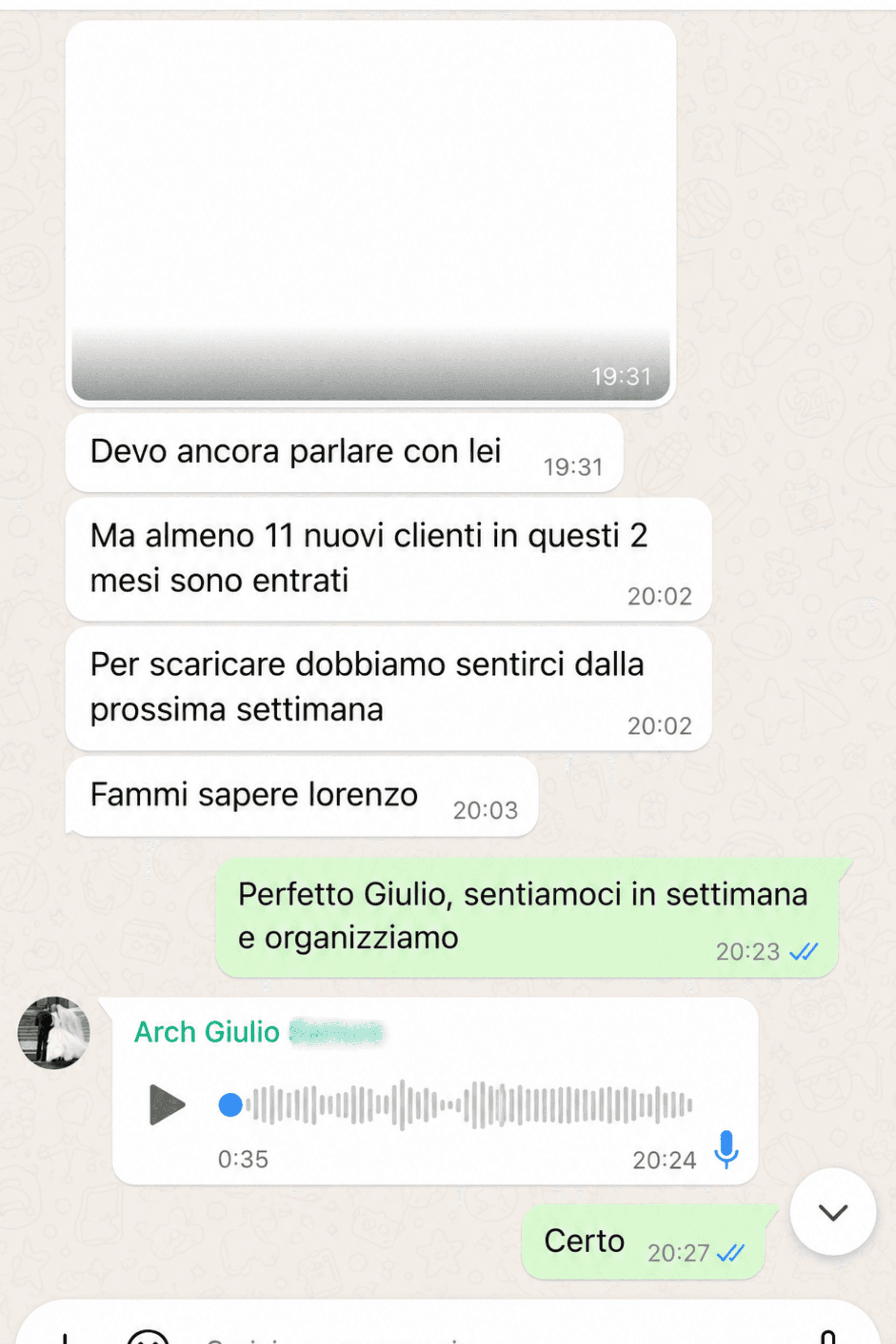 Screenshot WhatsApp: un partner riporta almeno 11 nuovi clienti entrati in 2 mesi.