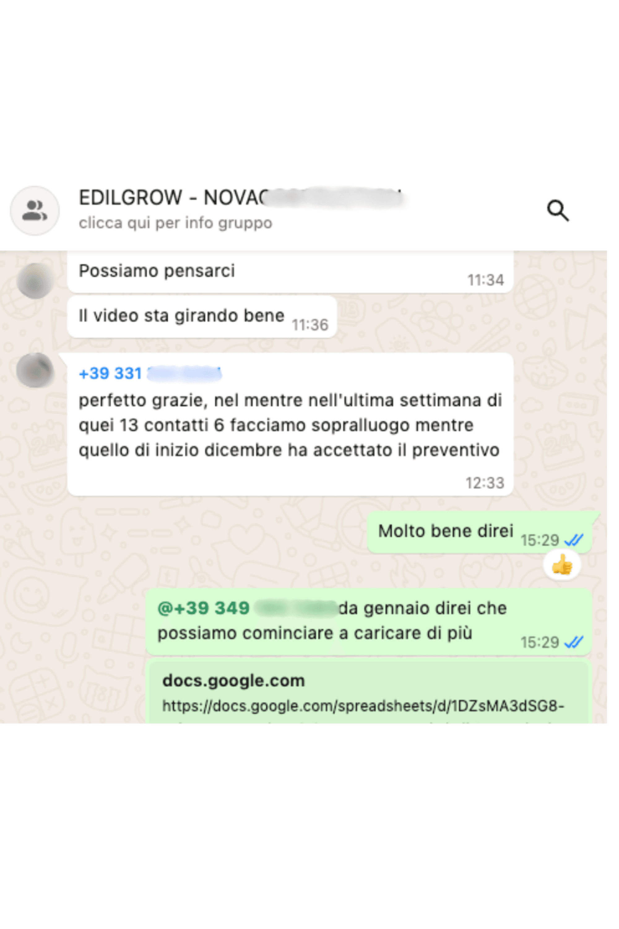 Screenshot WhatsApp: un gruppo operativo riporta l'esito di 13 contatti, con sopralluoghi in corso e un preventivo già accettato.
