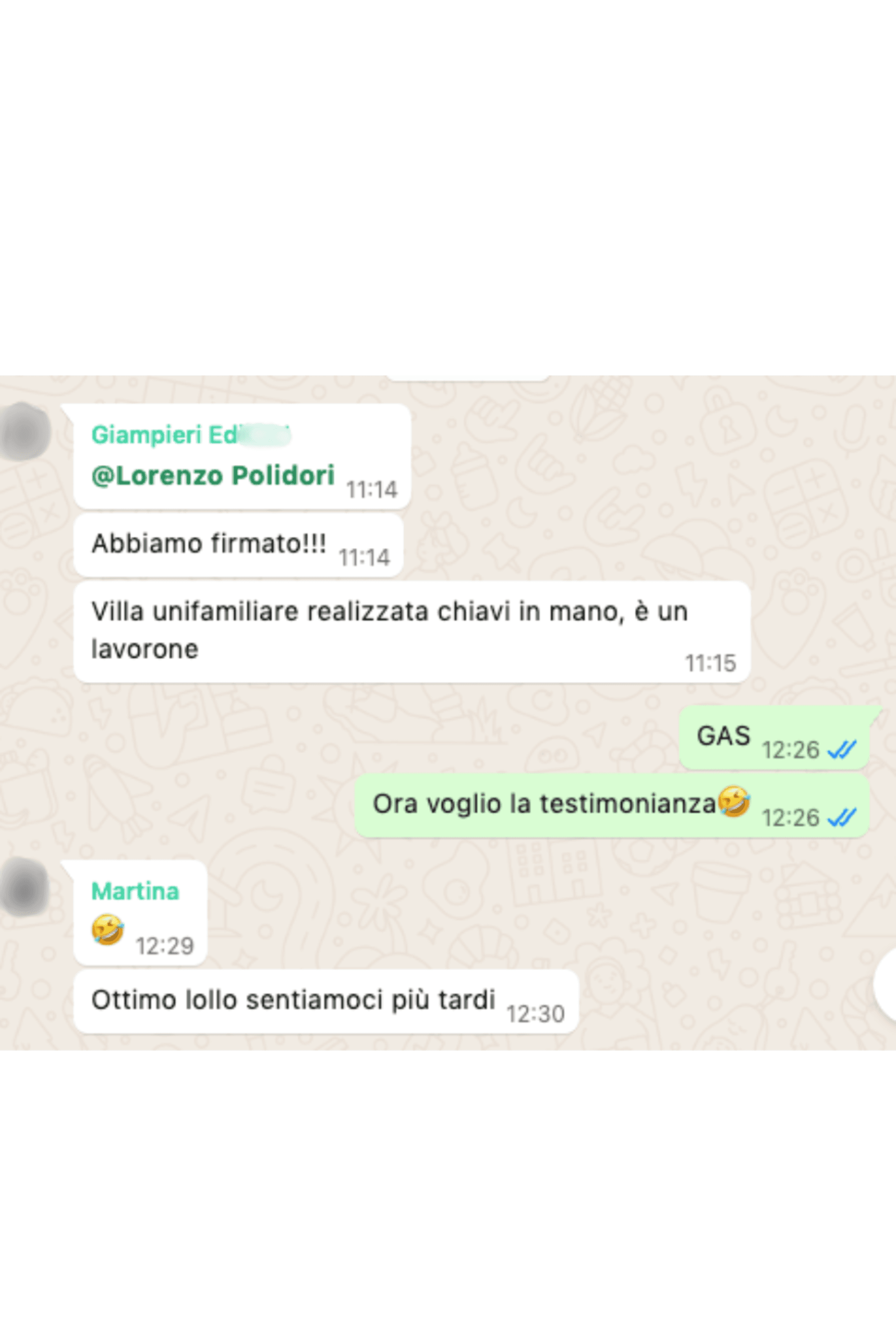 Screenshot WhatsApp: un partner annuncia la firma di una villa unifamiliare realizzata chiavi in mano.